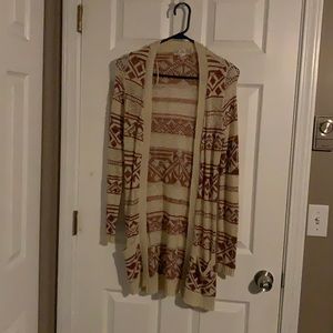 Small, tan and maroon cardigan